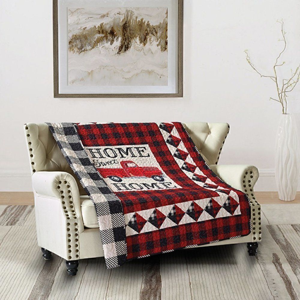 Vintage Farmhouse Old Red Truck Printed Quilted Throw Blanket Country Farm